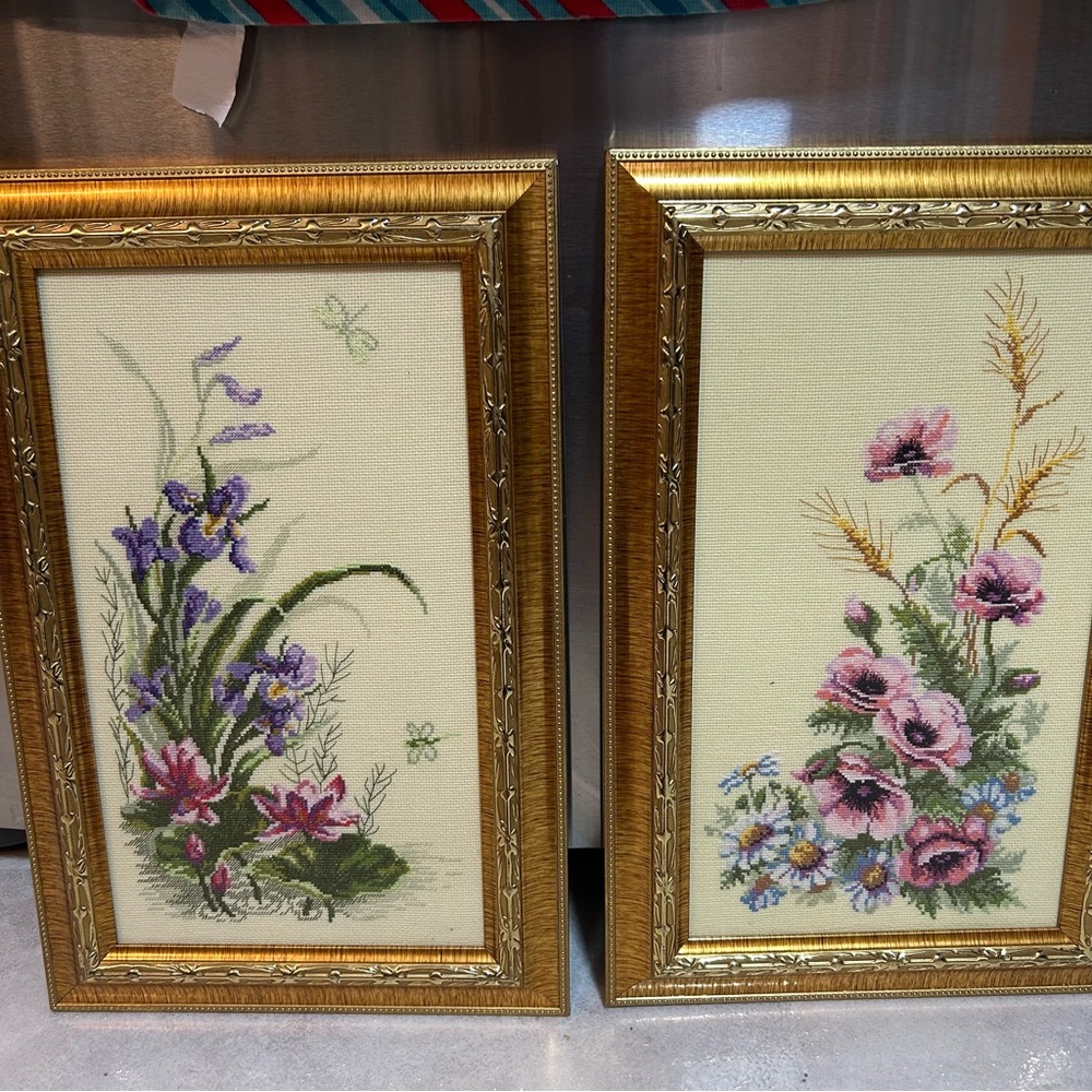 Vintage framed needle point art wall decor